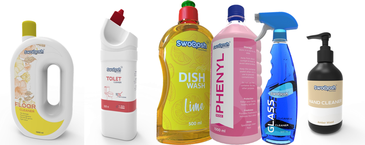 Swooosh Floor Cleaner, Toilet Cleaner, Dish Wash, Phenyl, Glass Cleaner and Hand Cleaner bottles